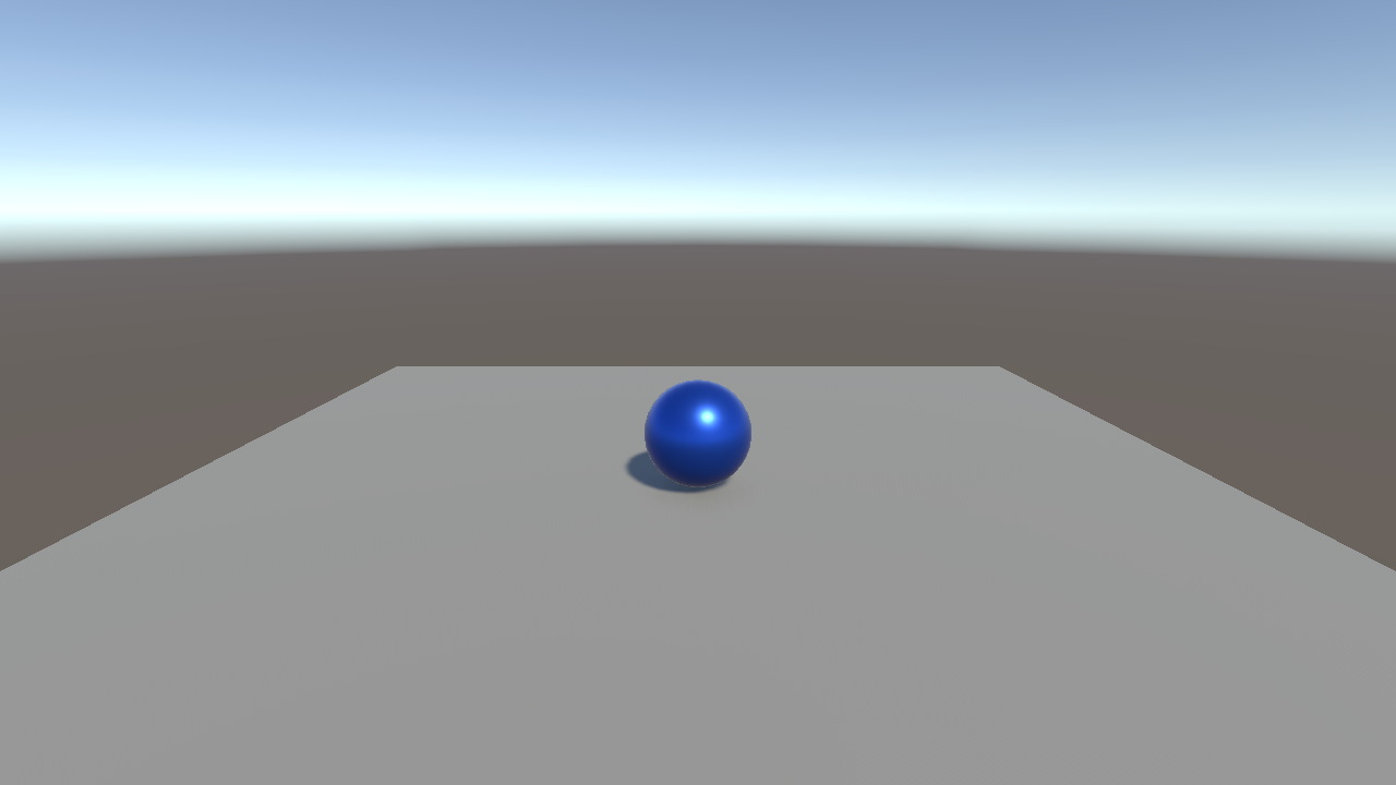 Renderização da cena: um plano cinza claro sobre fundo de céu, com uma esfera azul metálica apoiada no centro e sua sombra projetada à esquerda.