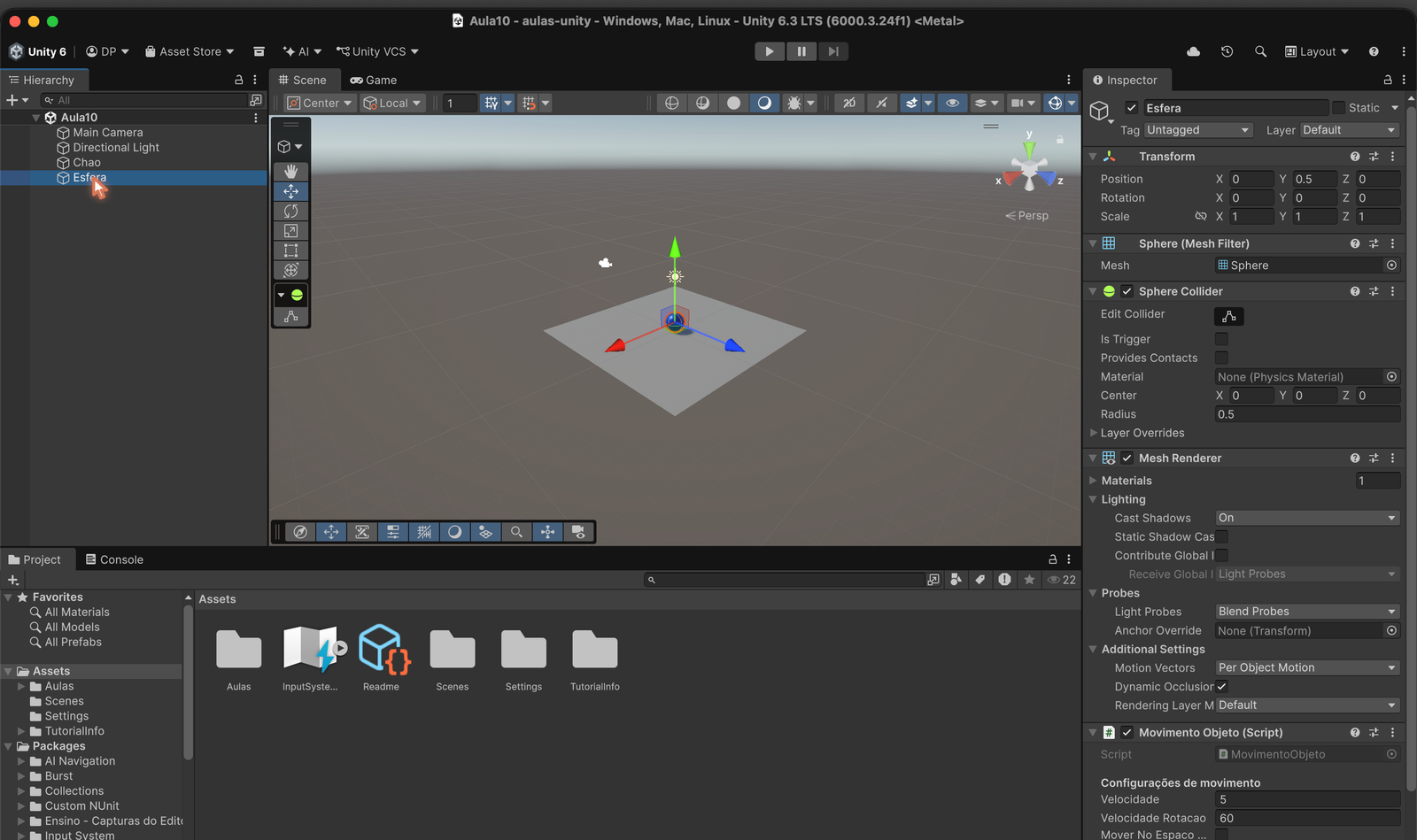 Janela do Editor da Unity. À esquerda, a Hierarchy lista Aula10 com Main Camera, Directional Light, Chao e Esfera, esta última selecionada. Ao centro, a Scene view mostra o plano cinza com a esfera azul e o gizmo de translação; ao lado dela, a aba Game. Abaixo, as abas Project, com as pastas de Assets, e Console. À direita, o Inspector exibe os componentes da esfera.