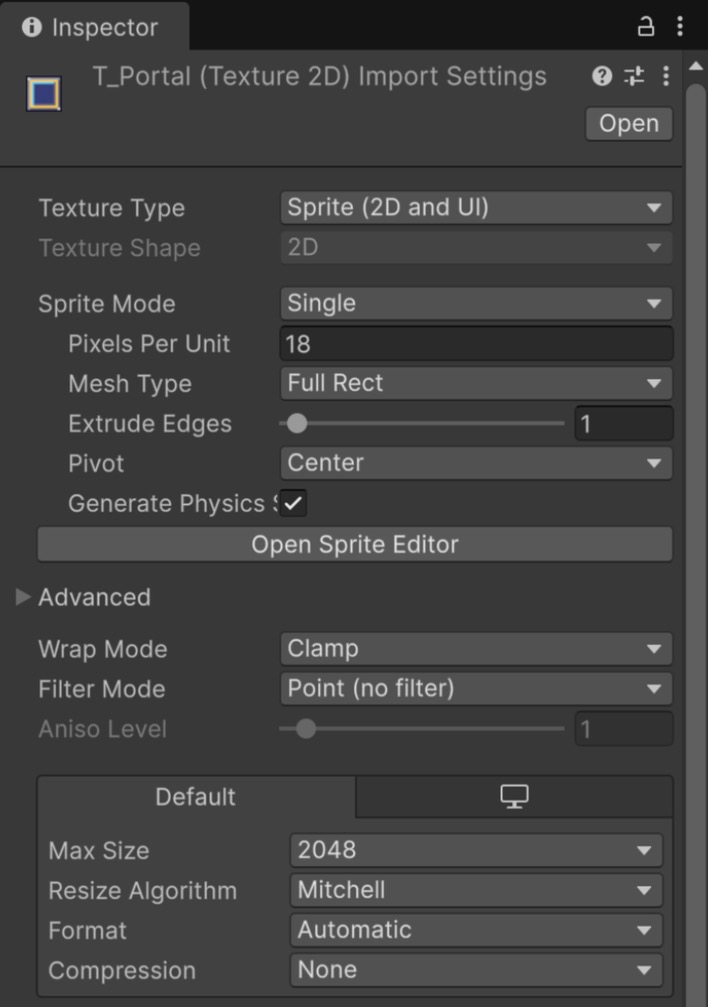 Inspector do Unity mostrando as opções de importação de T_Portal: Texture Type Sprite (2D and UI), Sprite Mode Single, Pixels Per Unit 18, Mesh Type Full Rect, Filter Mode Point (no filter) e Compression None.