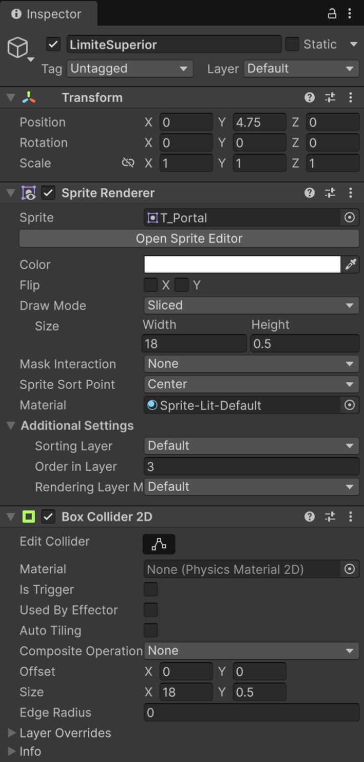 Inspector do objeto LimiteSuperior: Transform em (0, 4.75, 0) com escala 1; Sprite Renderer com sprite T_Portal, Draw Mode Sliced, Size 18 por 0.5 e Order in Layer 3; Box Collider 2D com Size 18 por 0.5, Is Trigger e Auto Tiling desmarcados.